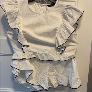 Zara White Ruffled Blouse with Black Trim